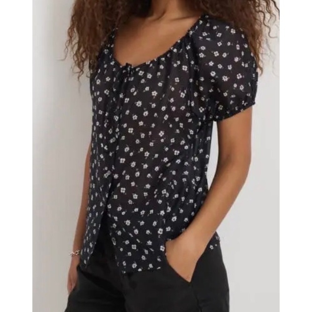 Alex Mill Rose Floral Cotton Silk Tie Neck Blouse Black Floral Puff Sleeve Med